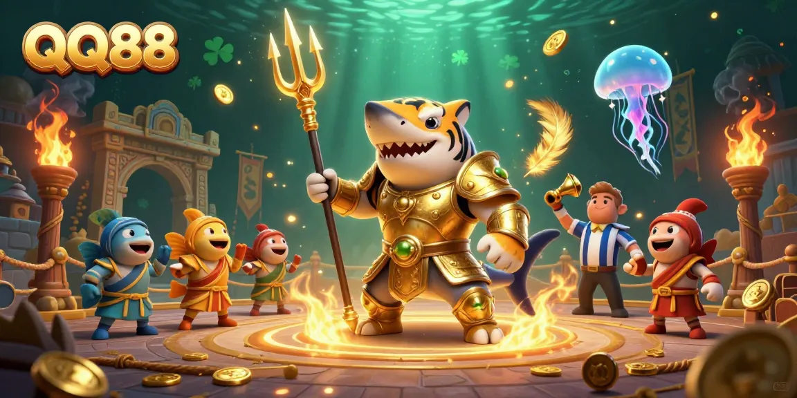 Experience stunning QQ88 gameplay with a fierce tiger shark and lively casino elements.