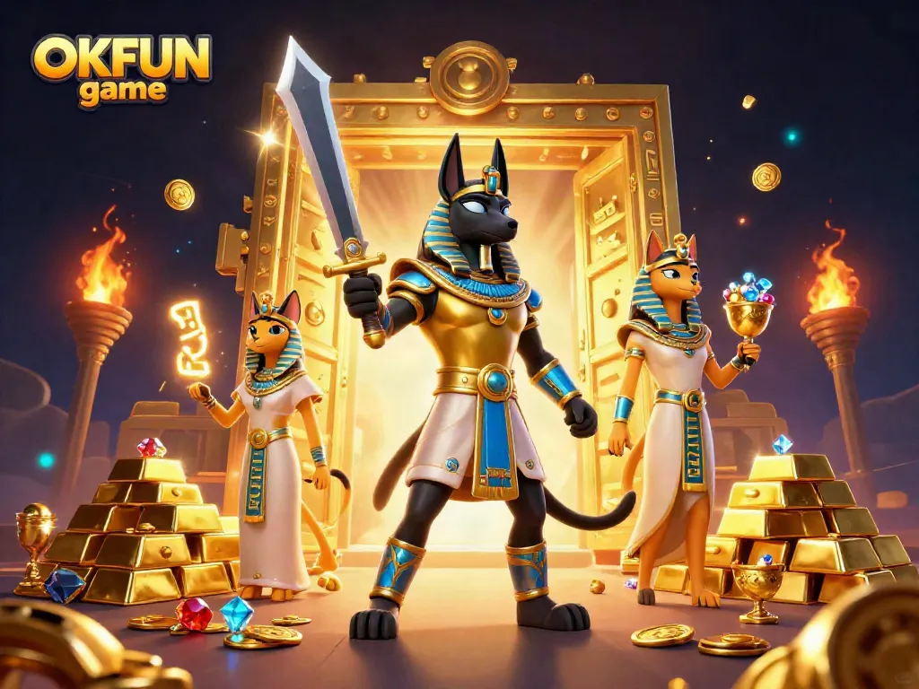 Engage with OKFUN game at a vibrant digital casino showcasing Anubis and Bastet surrounded by treasures.