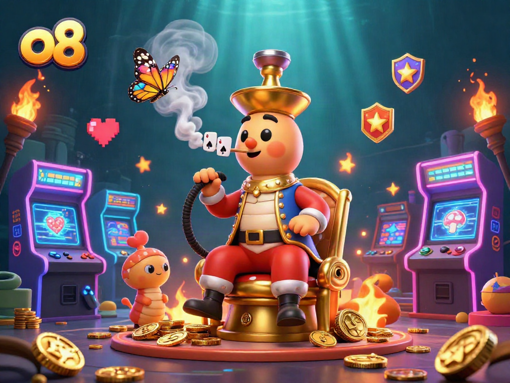 Play poker with o8's vibrant gaming scene featuring a caterpillar sultan and arcade machines.