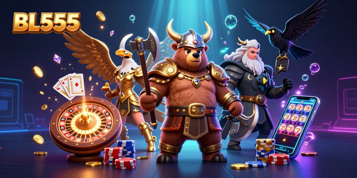Engage in epic gameplay at BL555 with a Viking bear and Valkyrie in a vibrant casino scene.