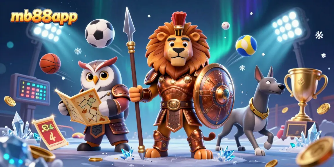 Join the excitement at mb88app with a vibrant casino scene featuring a Spartan lion, owl strategist, and speedy greyhound under dynamic gaming elements.