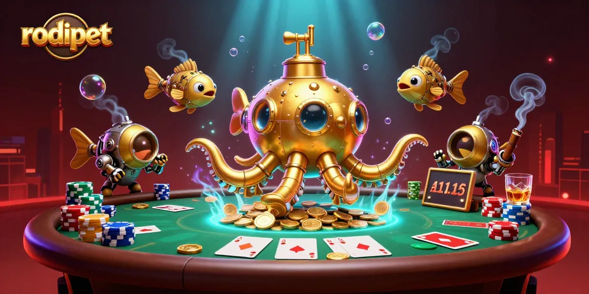 Win at rodipet inspired games with a captivating 3D casino scene featuring cards and coins.