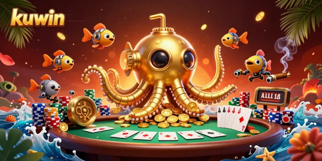 Kuwin showcases a golden kraken submarine amid poker elements and golden coins in a dynamic casino scene.