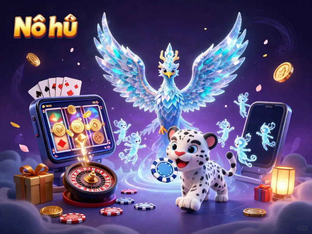 Play Nổ hũ with our vibrant 3D illustration showing dynamic casino elements.