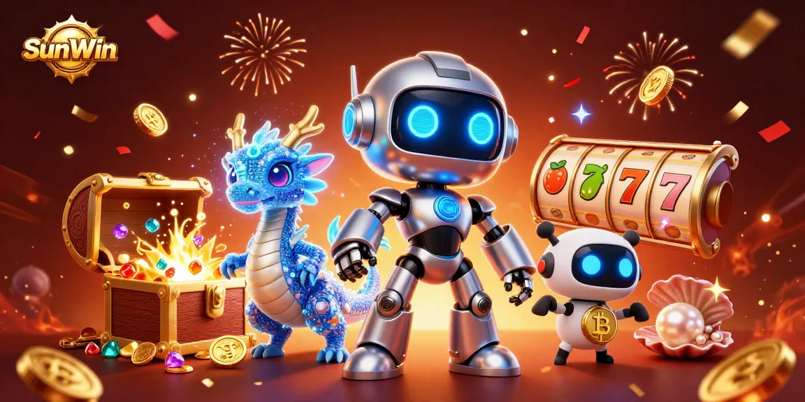 Engage with SunWin's thrilling slots featuring vibrant characters, gold coins, and celebratory confetti in a dynamic casino scene.