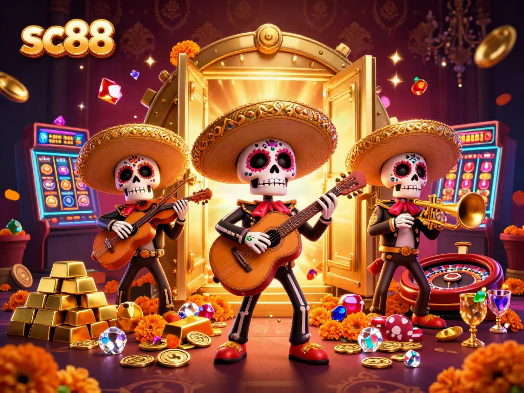 Engage with exhilarating gaming adventures at SC88 featuring a vibrant mariachi band amidst a treasure trove of casino rewards.