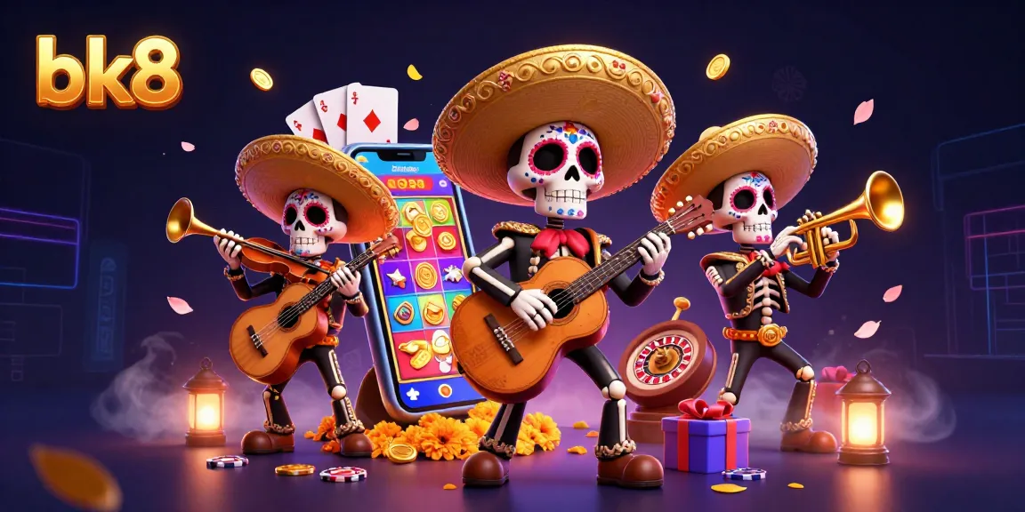 Experience vibrant gaming action at bk8 with engaging 3D illustrations of a mariachi band and exciting casino elements.