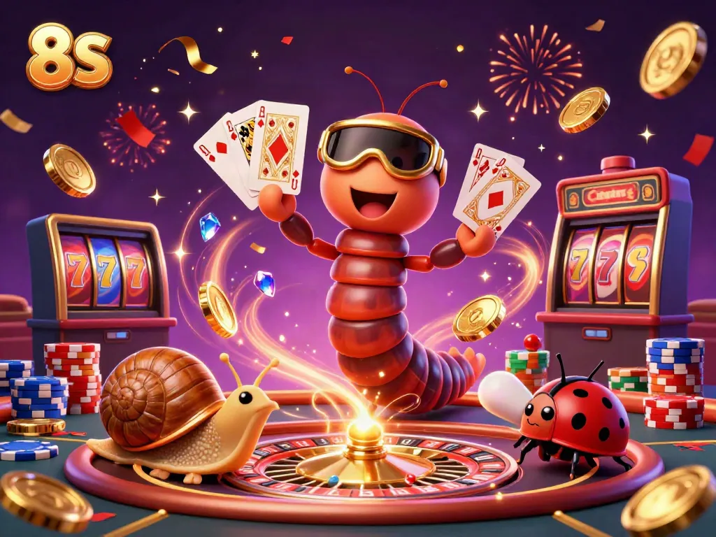 Experience the thrill of 8S with a colorful casino scene featuring a millipede dealer and high-roller snail.