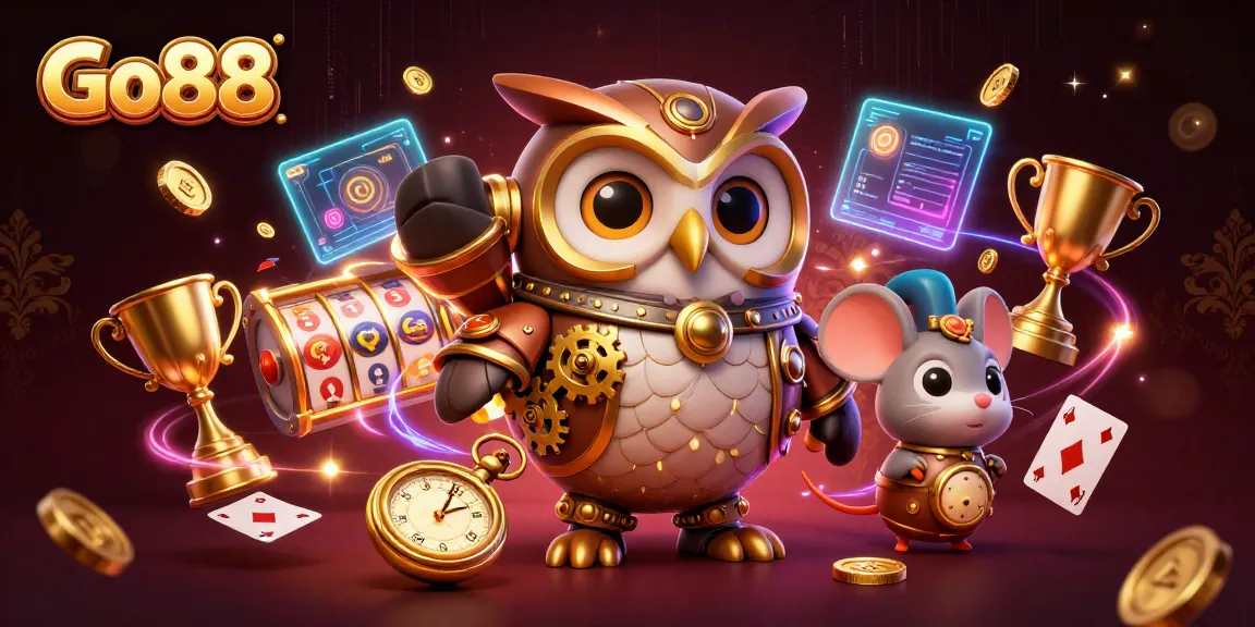 Engage in exciting gameplay at Go88 with a dynamic 3D illustration showcasing vibrant casino elements and characters.