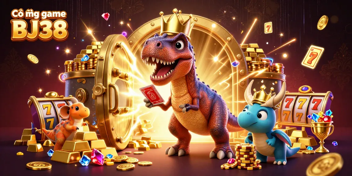 Cổng game BJ38 features a playful dinosaur scene with a T-Rex shuffling cards and vibrant casino elements.