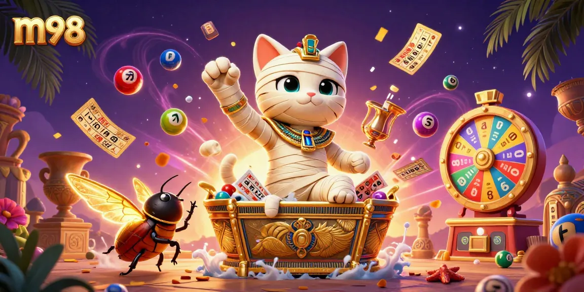 Engage with m98's vibrant casino experience featuring a mummy cat and scarab beetle amidst lottery excitement.