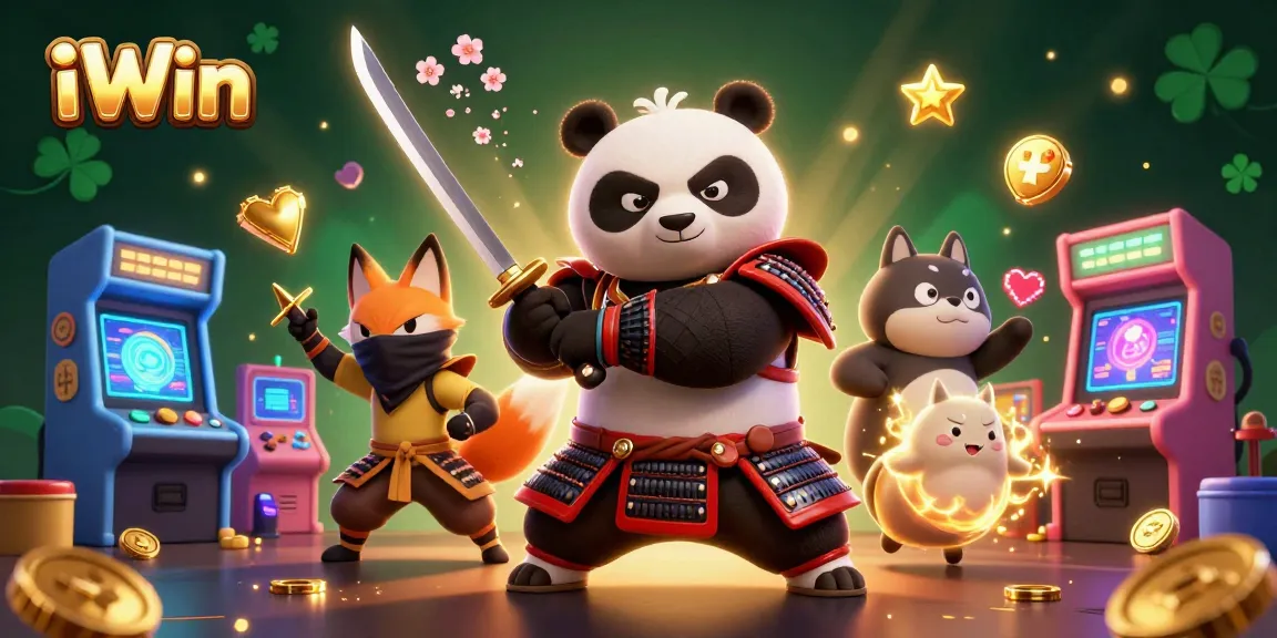 Experience vibrant iWin gaming with a dynamic scene featuring samurai panda and ninja fox.