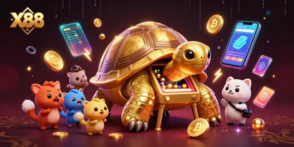X88 features a colossal golden tortoise gaming, surrounded by crypto coins and jackpots in a vibrant casino scene.