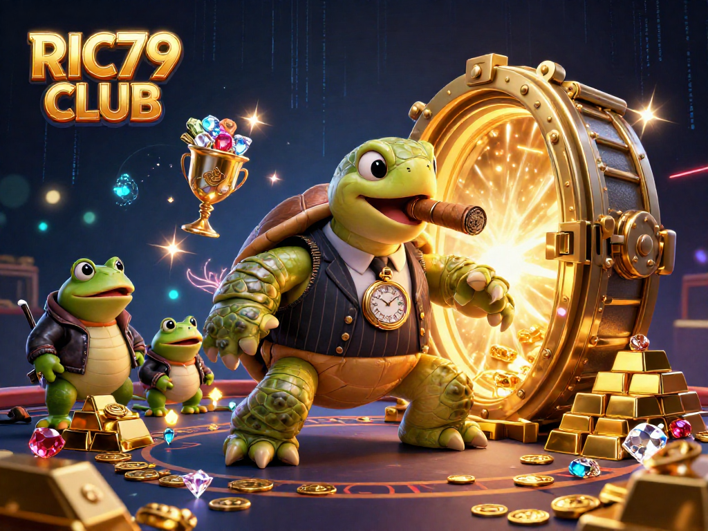 Engage with the vibrant RIC79 CLUB scene showcasing a cartoon turtle and bullfrog enforcers in a captivating casino atmosphere.