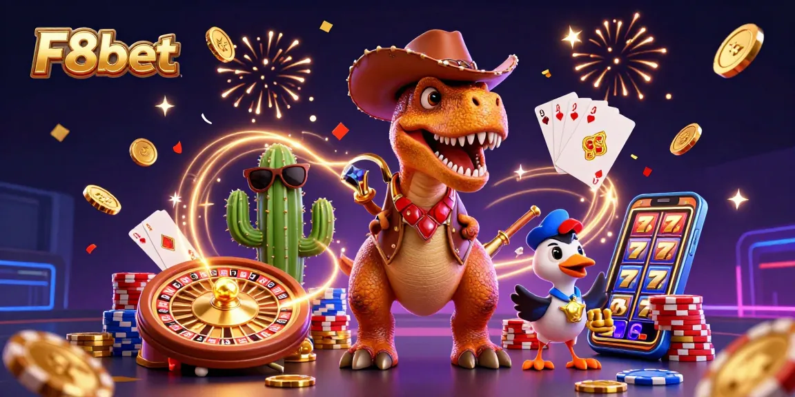 Experience thrilling F8bet casino adventures with a dynamic 3D cowboy dinosaur and colorful gaming elements.