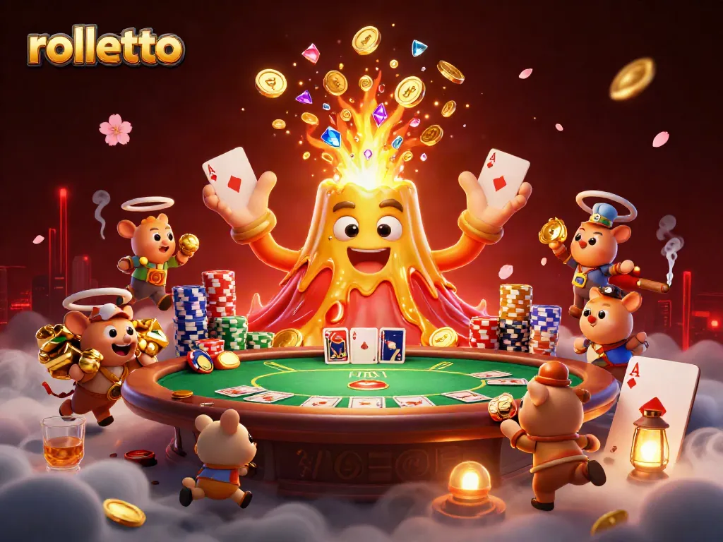 Experience the magic of rolletto as a triumphant volcano erupts coins and treasure, surrounded by vibrant casino elements.