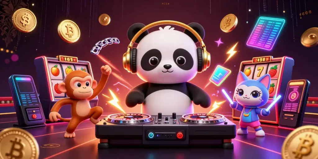 S8 casino scene with a DJ panda and dancing characters showing vibrant gambling action
