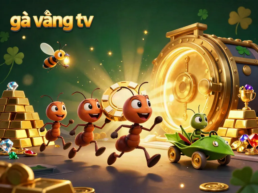 Experience the excitement of gà vàng tv with this vibrant heist scene featuring playful ants and rich casino elements.