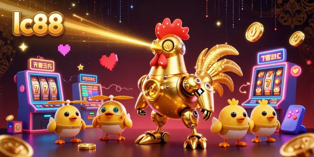 Engage with the thrilling lc88 casino experience featuring a golden rooster robot and slot machines.