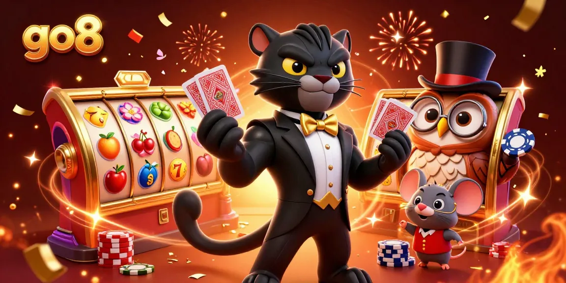 Engage in thrilling gaming at go8 with a stylish panther dealer, lucky owl, and mouse amidst a vibrant jackpot scene.