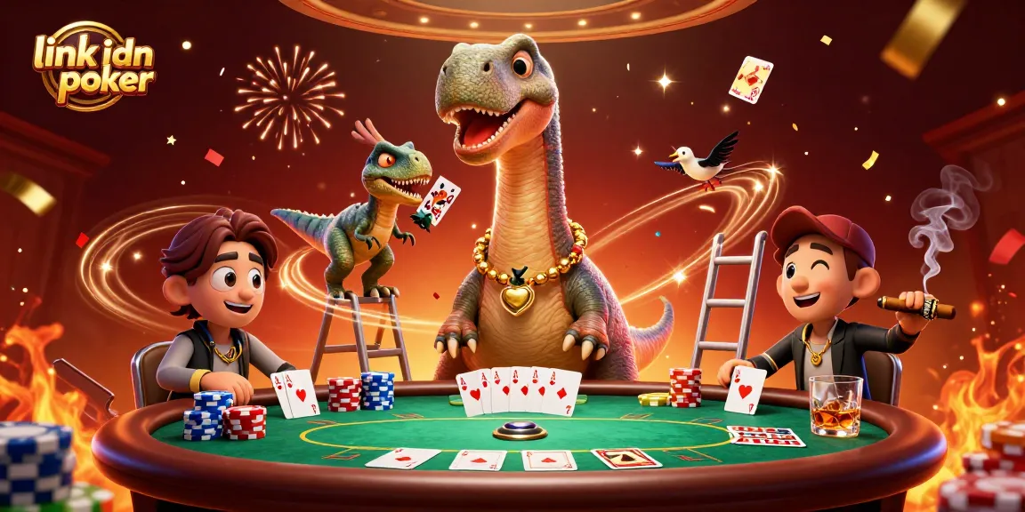 Menangkap keseruan bermain poker di link idn poker dengan ikan brontosaurus berdiri di atas meja poker.