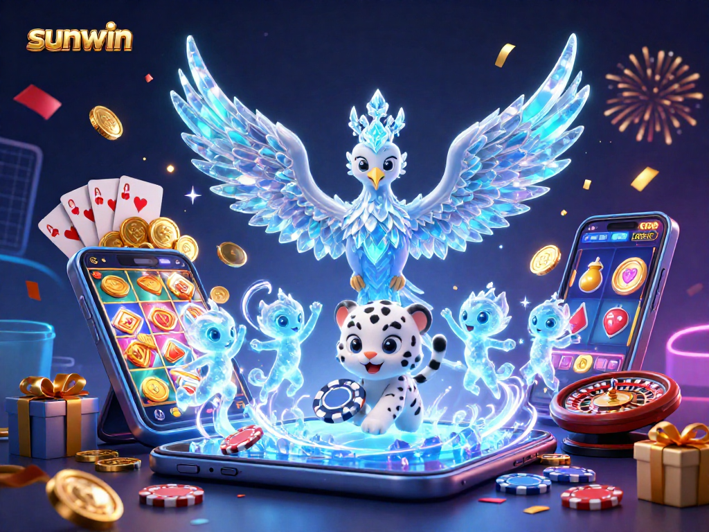 Experience sunwin's vibrant casino excitement with a dazzling ice phoenix and playful snow leopard.