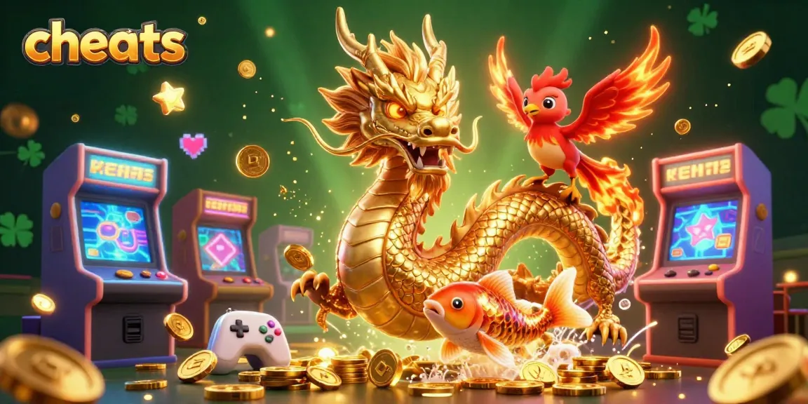 Engage with cheats in a vibrant 3D illustration showcasing a dragon, phoenix, and koi fish amidst colorful casino elements.