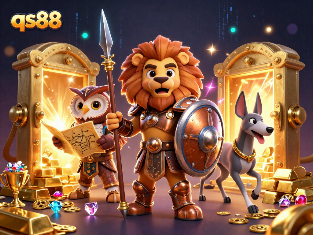 Experience qs88's thrilling online casino with vibrant characters and treasure elements