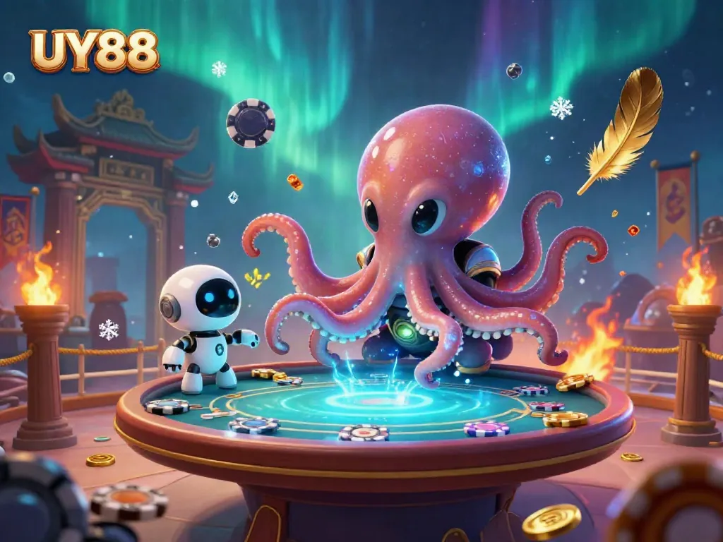 Experience thrilling poker with UY88 at a cosmic casino featuring vibrant characters and dazzling effects.