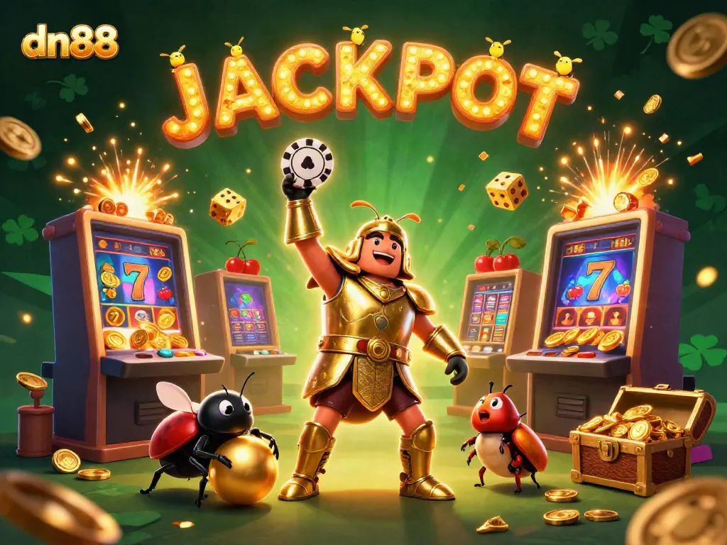 Engage in thrilling slot gameplay at dn88 with an epic 3D illustration showcasing a beetle hero.