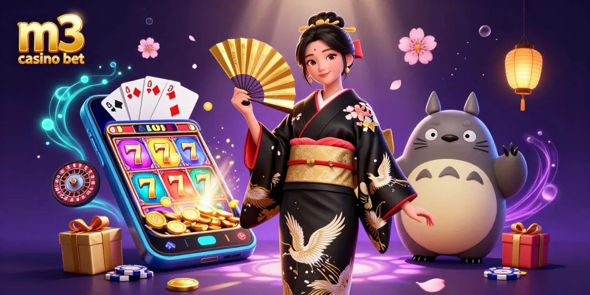 M3 casino bet showcases a vibrant scene of a lady in a kimono and a tanuki, filled with exciting casino elements.