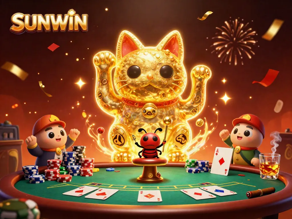 Experience SUNWIN's vibrant casino atmosphere through a spectacular illustration featuring a lucky cat and poker elements.