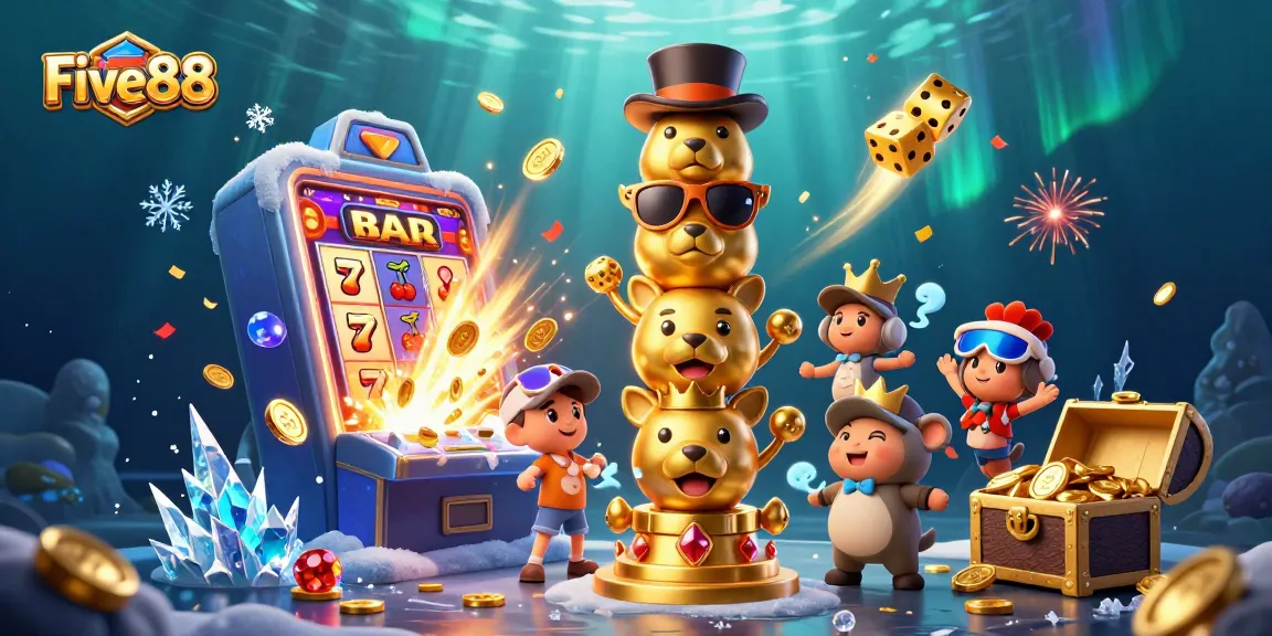 Engage with the vibrant Five88 casino illustration showcasing dynamic gaming elements and a golden totem pole amidst a jackpot scene.