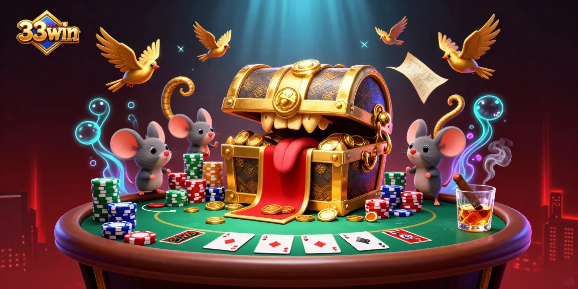Engage with 33win's thrilling poker scene featuring treasure chests and adventurous mice.