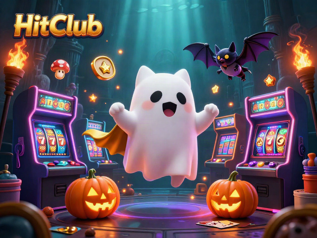 Experience the thrill of HitClub as a ghost cat navigates a vibrant haunted casino.