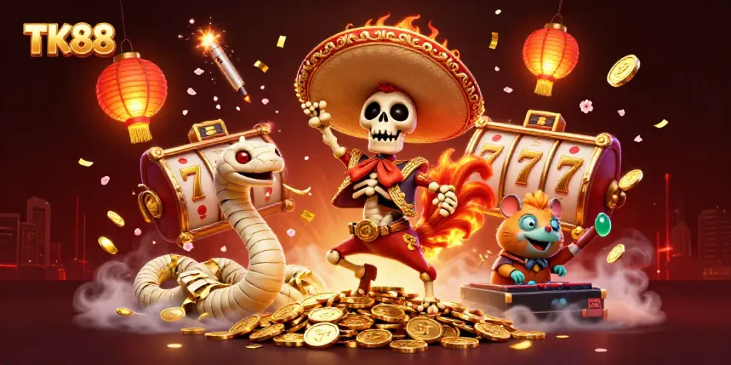 Watch the TK88 fun unfold as the mariachi rooster, mummy snake, and DJ hamster party on golden coins amidst vibrant casino elements.