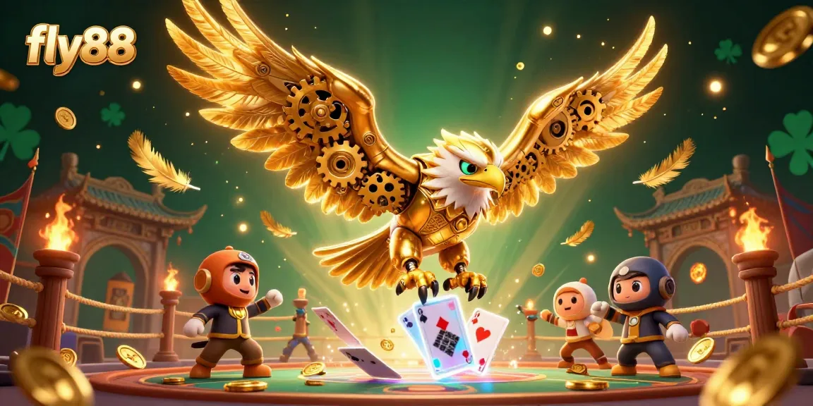 Experience exhilarating action with fly88 as a cybernetic eagle and falcon wingmen dive through a cascade of playing cards.
