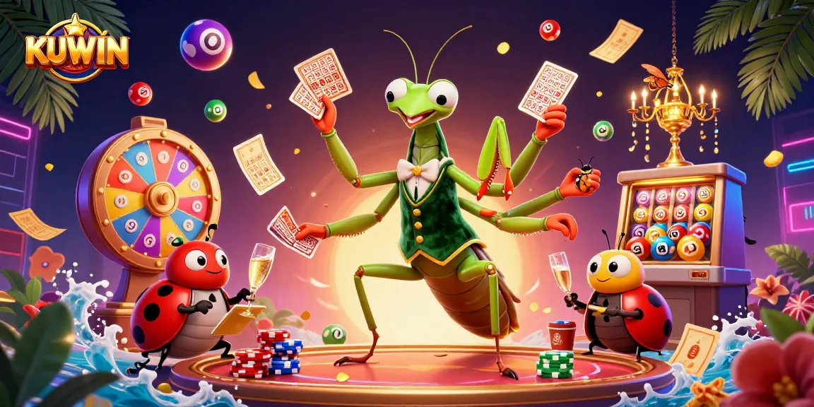 KUWIN engages players with dynamic lottery balls, vibrant colors, and immersive game elements in a vibrant casino scene.