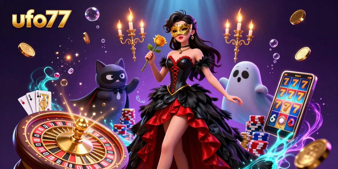 Experience thrilling gameplay at ufo77 with a captivating illustration of a stylish casino scene filled with coins and cards.