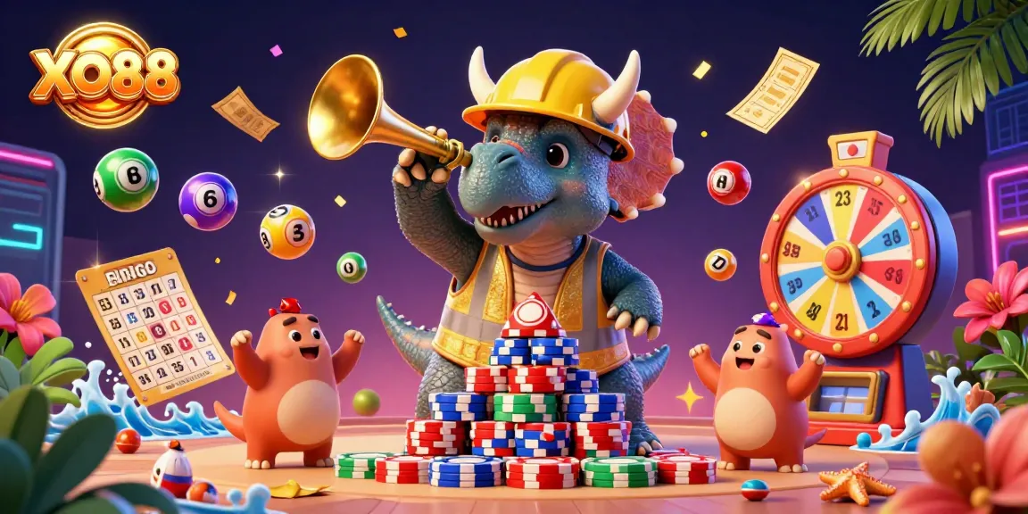 Join the excitement at XO88 with this vibrant 3D illustration of a winning casino scene featuring a triceratops and festive lottery elements.