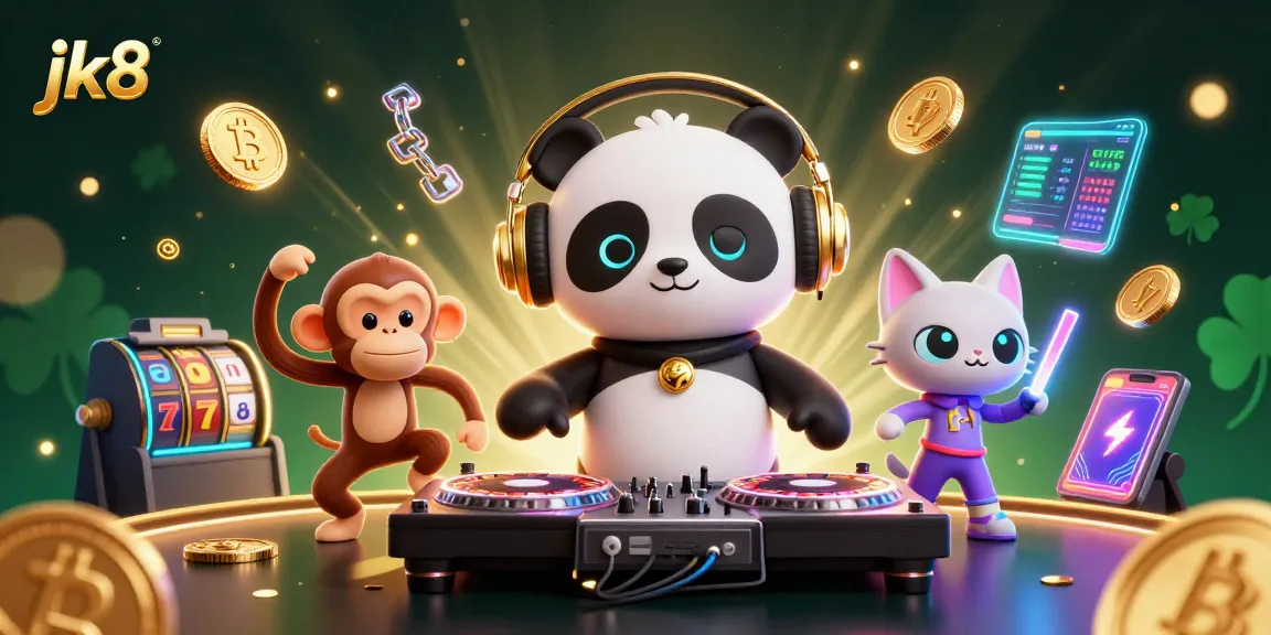 Engage and win at jk8 with vibrant casino atmosphere featuring a DJ panda and dancing characters.