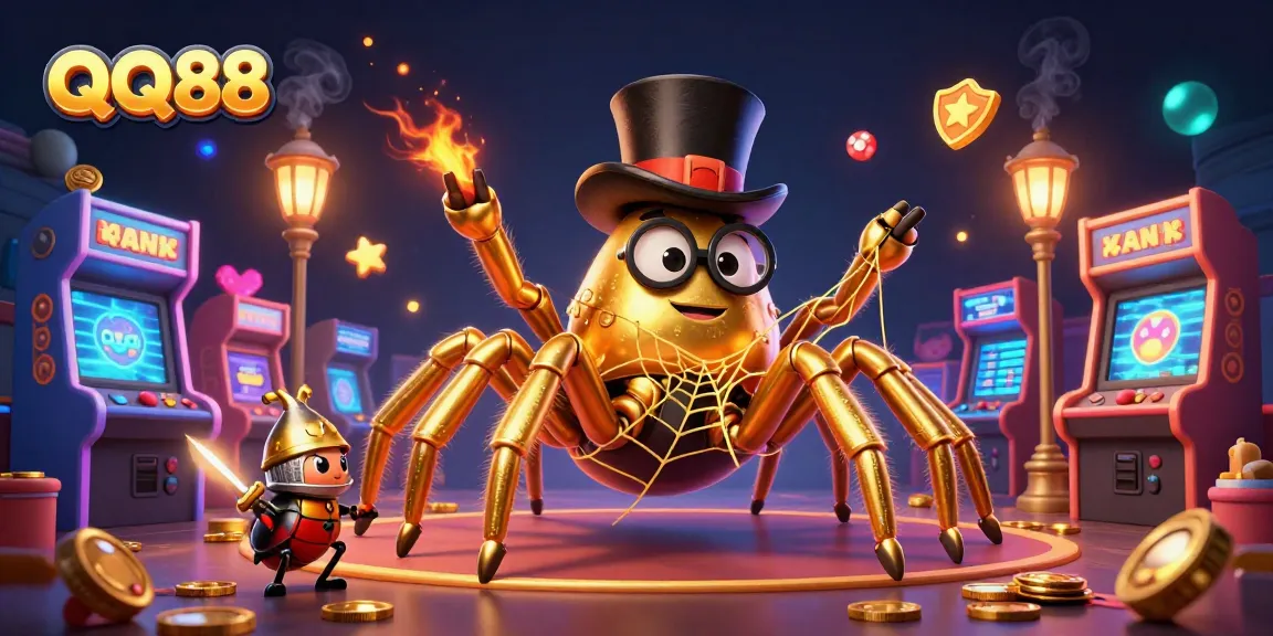 Experience the excitement of QQ88 with a golden tarantula and beetle knight in a vibrant casino scene.