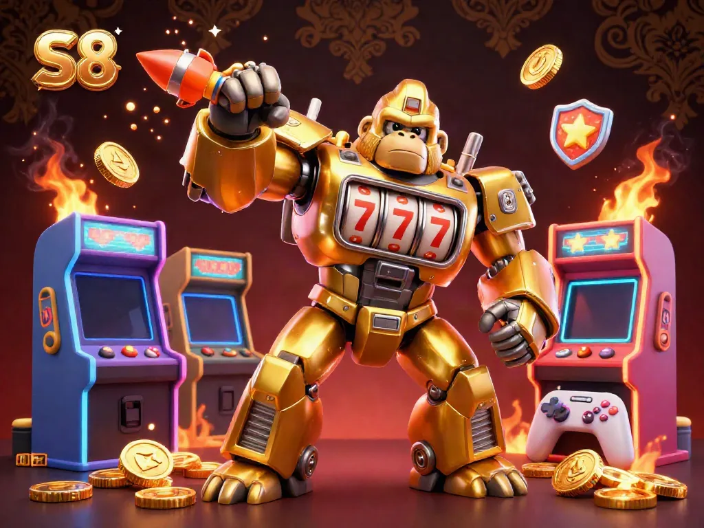 S8's vibrant illustration depicts a golden mech gorilla celebrating wins with coins and slot machine parts.