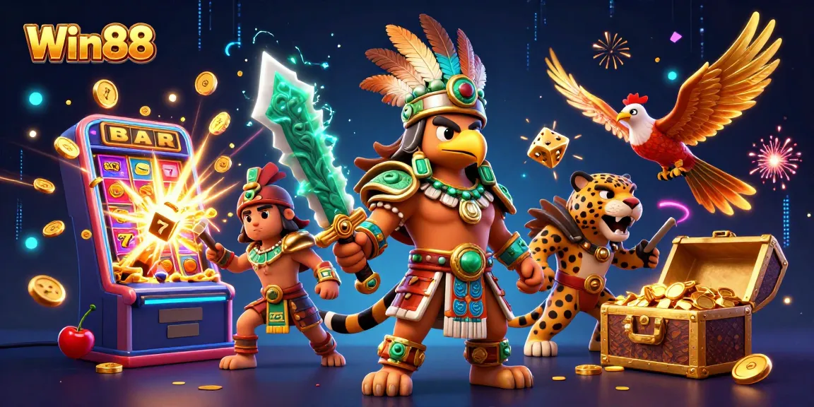 Win88 jackpots explode with excitement in a vibrant 3D casino fiesta, revealing treasures and fun!