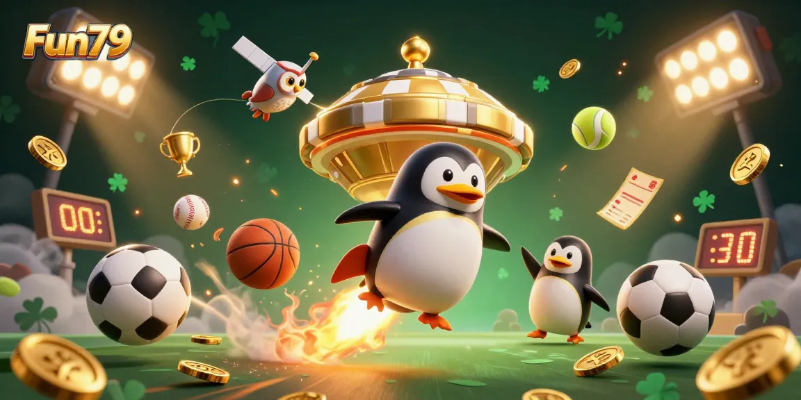 Engage in thrilling Fun79 gaming adventures with a dynamic scene featuring a golden penguin and casino elements.