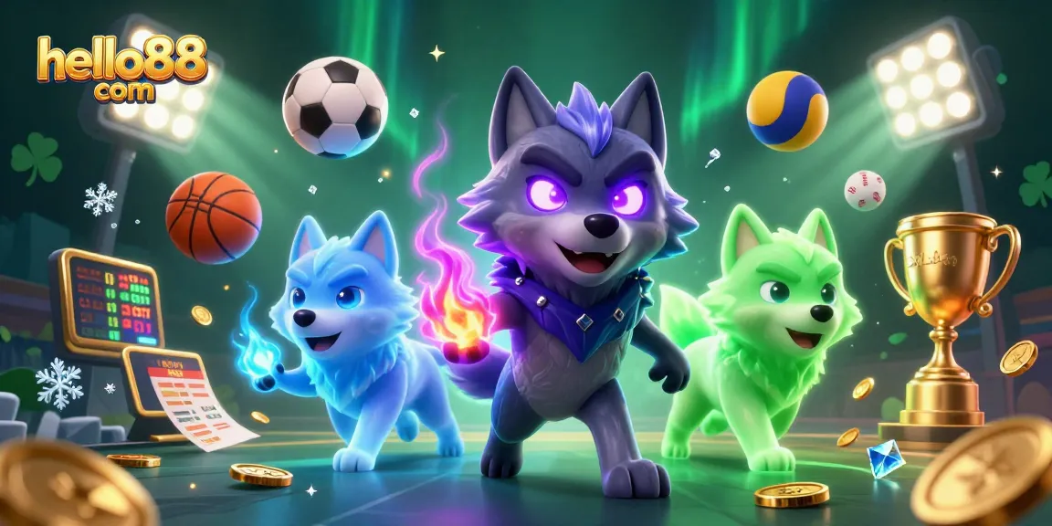 Betting on the excitement at hello88 com with a 3D shadow wolf and sports elements.