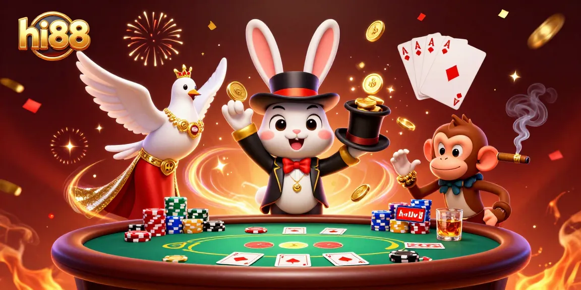 Experience the excitement of hi88 as a magician rabbit pulls coins in a vibrant casino scene.