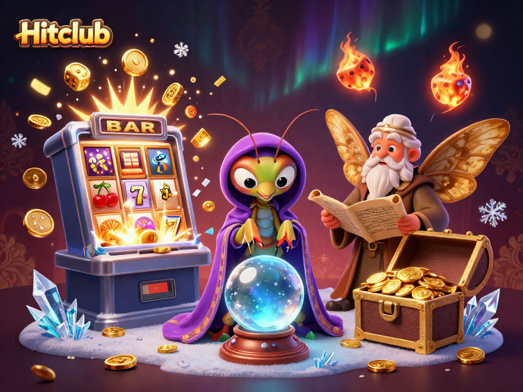 Hitclub showcases a vibrant scene with a fortune teller and a librarian amid casino excitement, symbolizing winning bets.