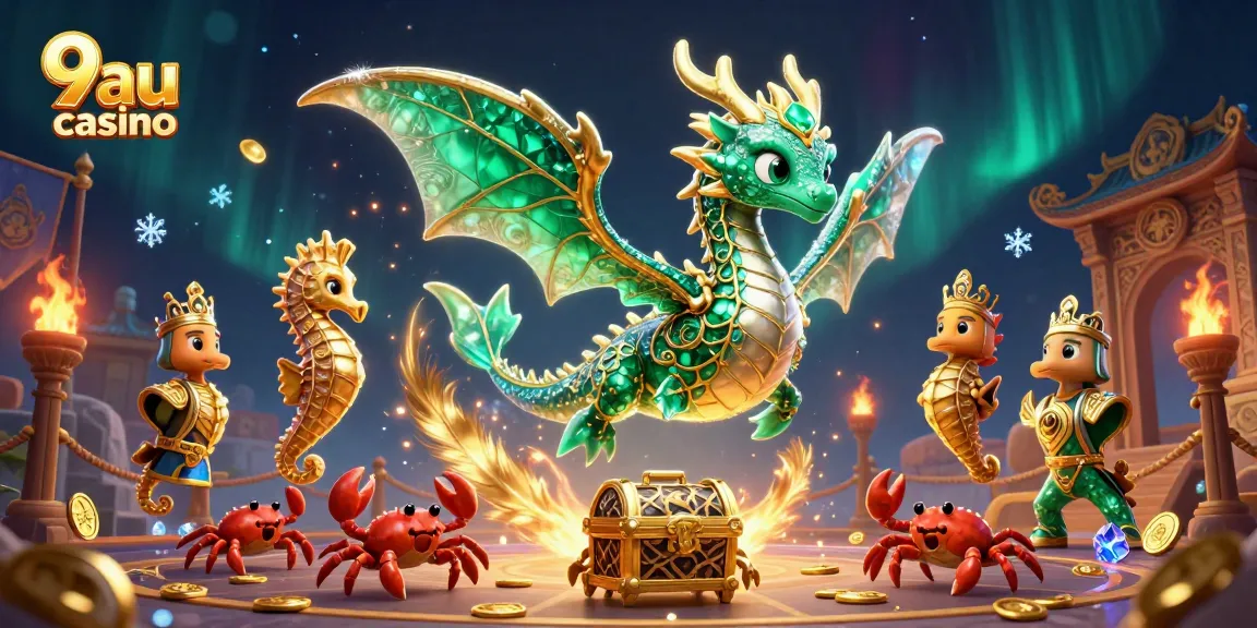 Experience the excitement of 9au casino with vibrant sea dragon graphics and dynamic gambling elements.