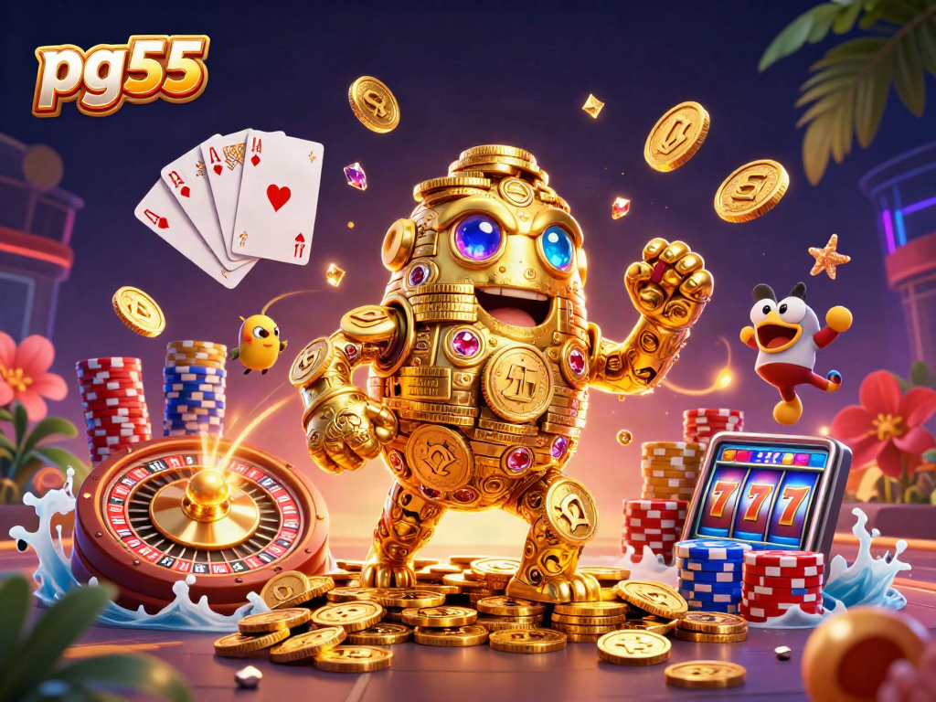 Visualize the excitement of pg55 with a vibrant 3D golem, spinning roulette, and winning cards!